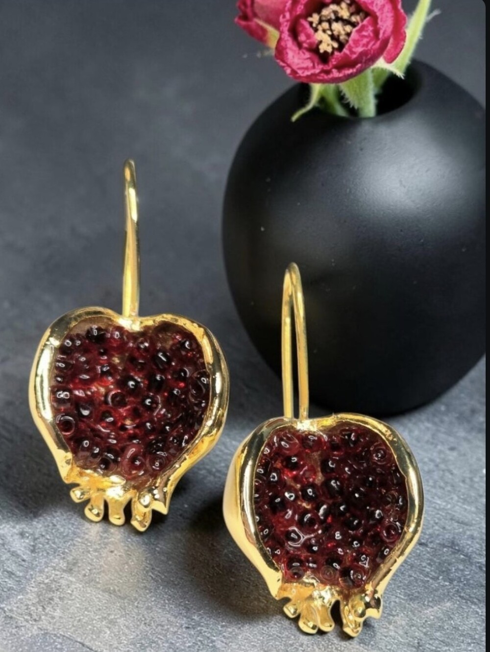 18k Gold Plated Genuine Garnet Pomegranate Dangle Earrings
